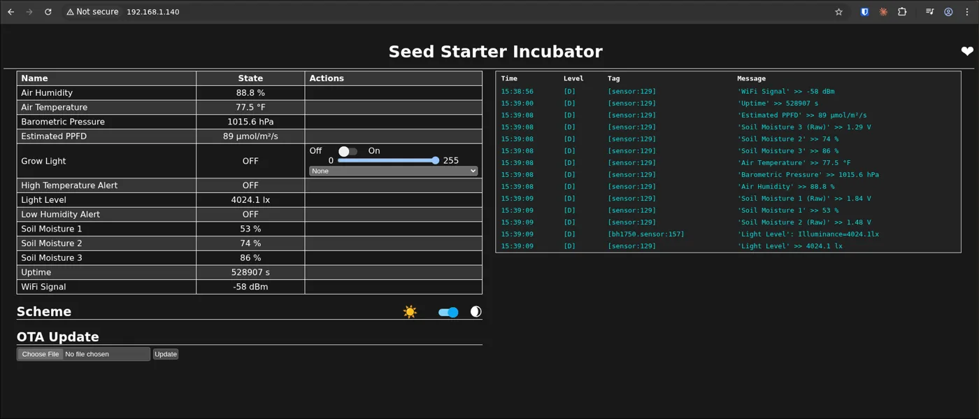 The ESPHome web dashboard. It shows live temperature, pressure, light, and
soil moisture
readings.