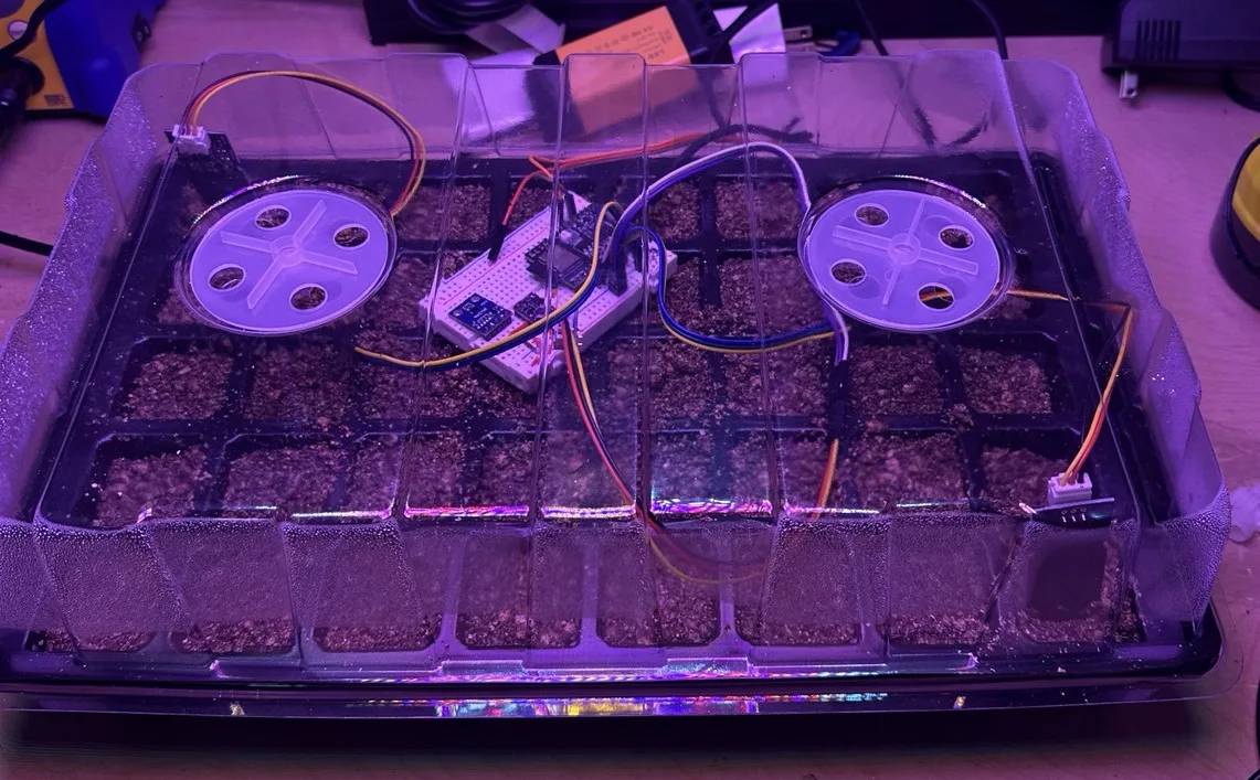 A 40-cell seed tray under a clear humidity dome. An ESP32 board on a
breadboard sits inside the dome. Sensor leads run to three soil probes across
the
tray.