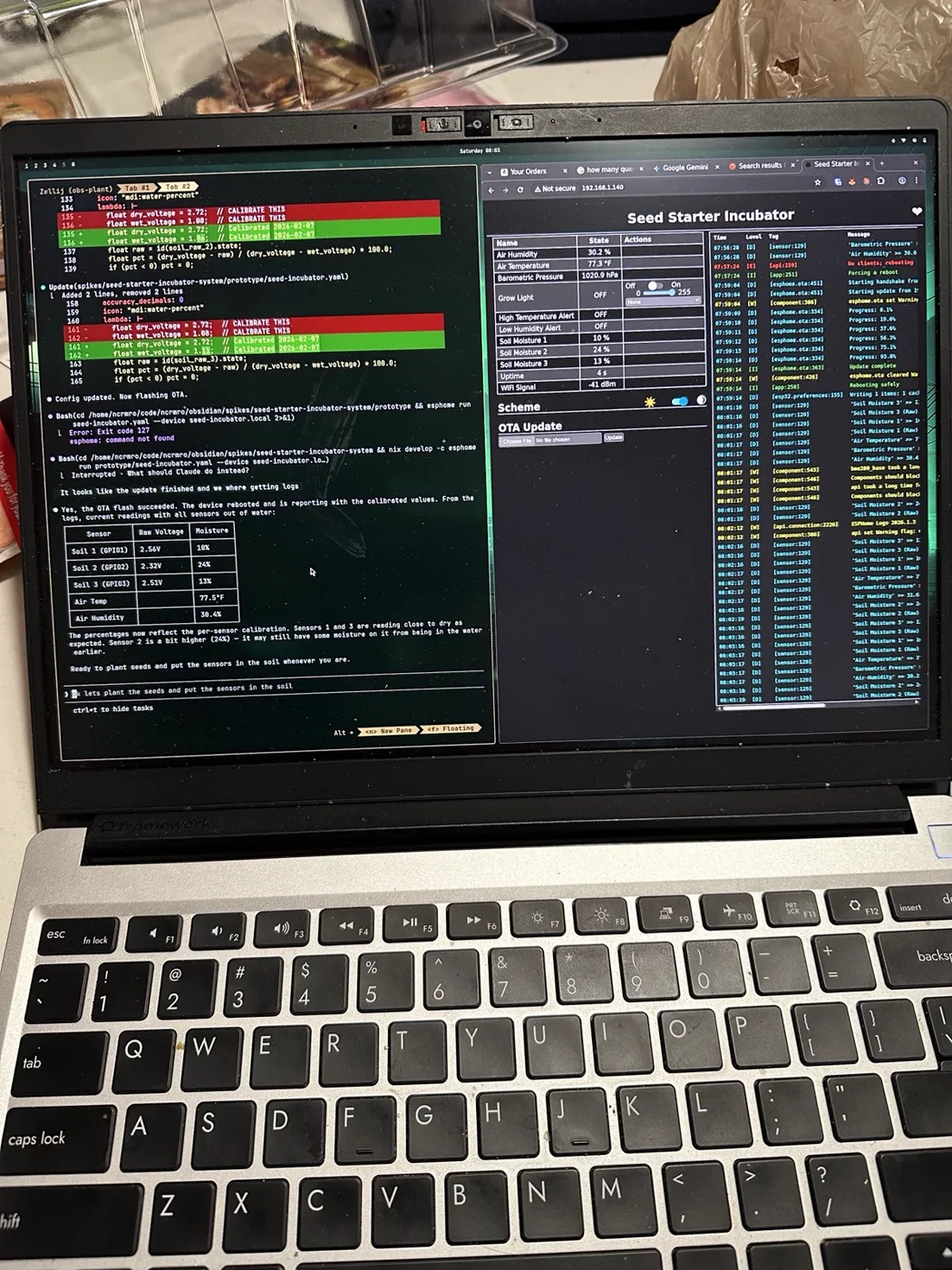 A laptop. A terminal shows an agent that edited the incubator ESPHome YAML
with per-sensor calibration voltages and flashed it over the air. Beside it, the
device web dashboard lists air humidity, temperature, pressure, grow-light
state, three soil-moisture channels, uptime, and Wi-Fi
signal.