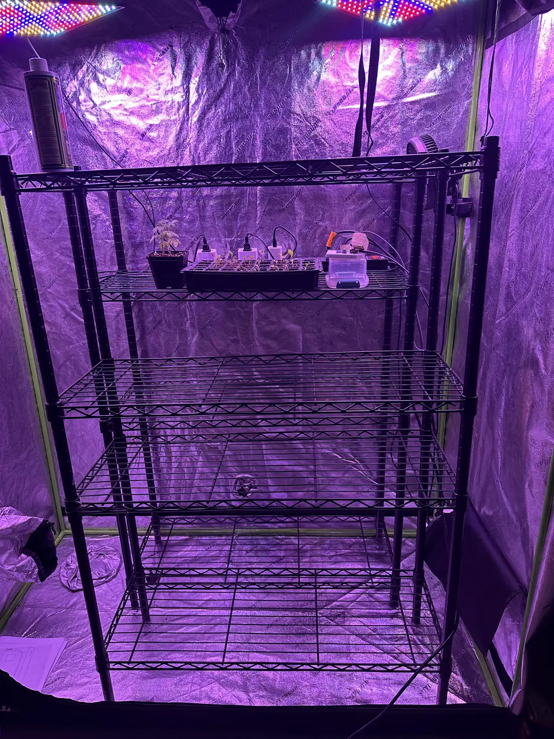 The lit rack inside the tent, seedling tray and sensor nodes on the upper shelf