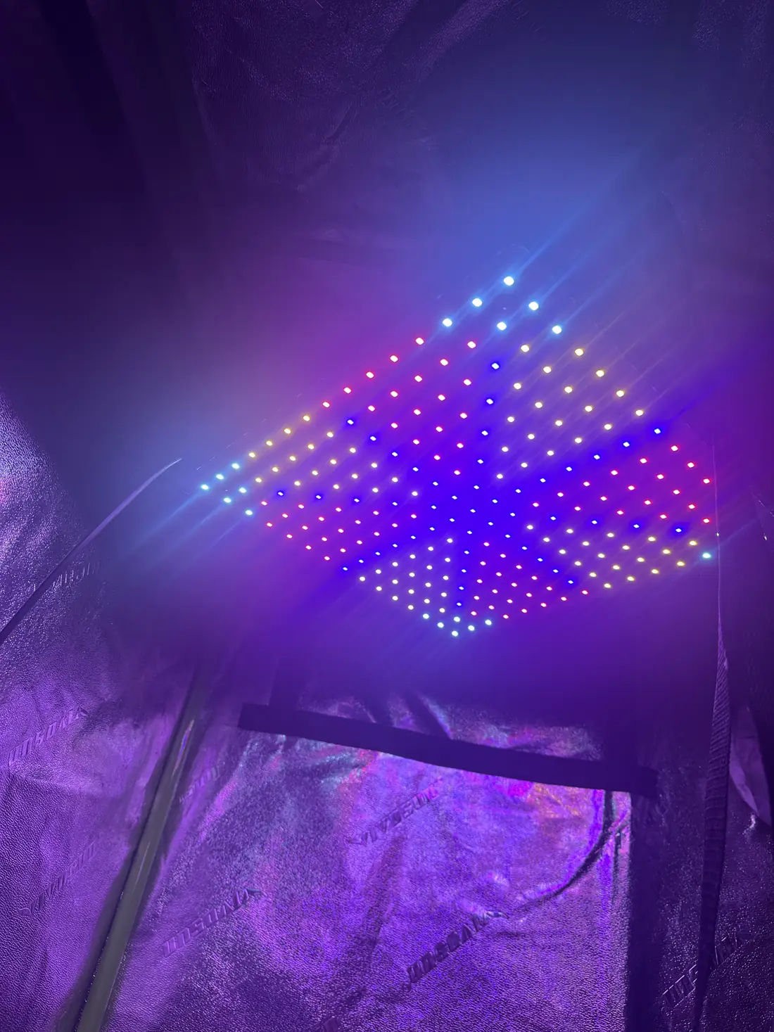The LED panel at full output, seen from inside the tent